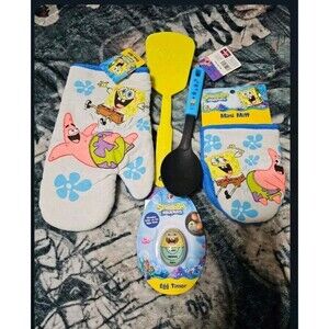 SpongeBob Kitchen Set Oven & Mini Mitts, Spatula, Serving Spoon, Egg Timer New